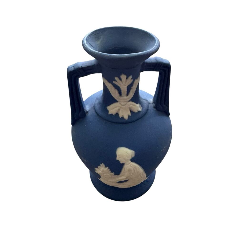 Vintage Wedgewood Blue Jasperware Amphora Bud Vase Woman And Flowers 4” Japan